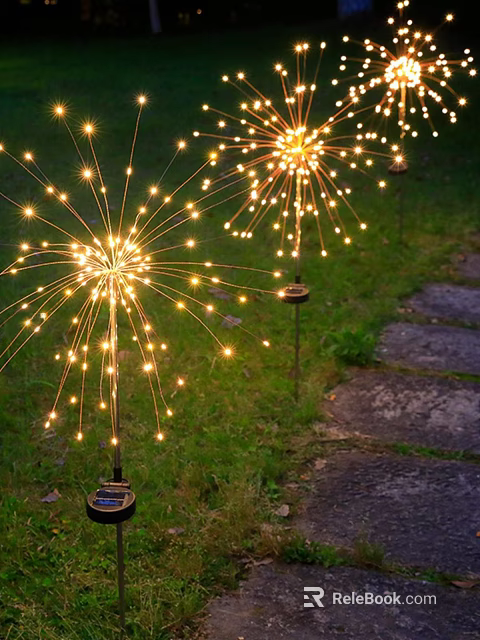 Decorative Firework Shaped Outdoor Lights Glowing On Lawn With Stone Path 3d model 