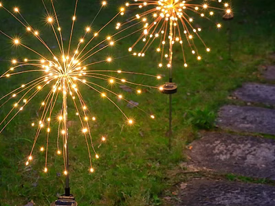 Decorative Firework Shaped Outdoor Lights Glowing On Lawn With Stone Path 3d model