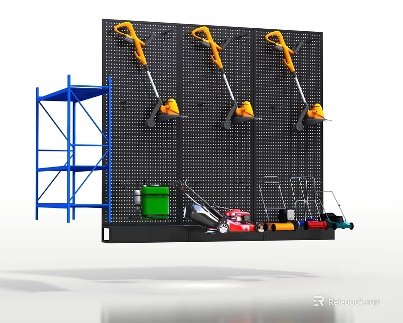 Agricultural Equipment Hanging on Black Pegboard With Yellow Tools Blue Metal Shelf And Various Gear 3d model 