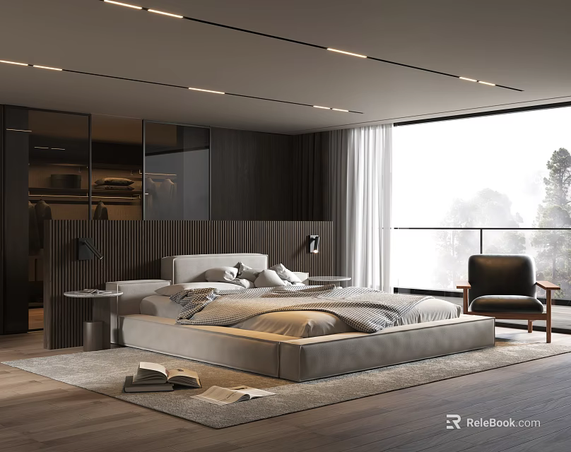 Modern Bedroom Interior With Platform Bed Wooden Paneling And Floor to Ceiling Windows 3d model 