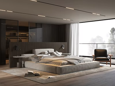 Modern Bedroom Interior With Platform Bed Wooden Paneling And Floor to Ceiling Windows 3d model