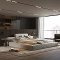 Modern Bedroom Interior With Platform Bed Wooden Paneling And Floor to Ceiling Windows