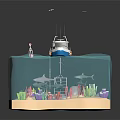 Cartoon Ocean Scene Transparent Cube with Above Water Boat Buoy and Underwater Shark Corals Diver Fish