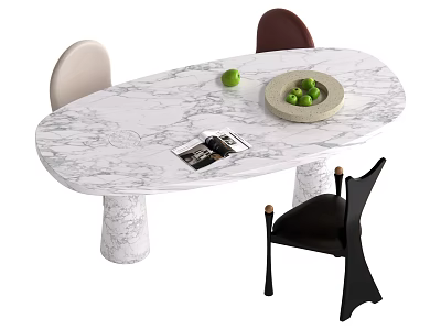 Modern Marble Dining Table Set With Oval Top Three Chairs Fruit Bowl and Magazine 3d model