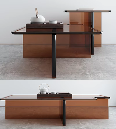 Modern Coffee Table With Glass Top Metal Legs And Tray Holding Tea Set 3d model