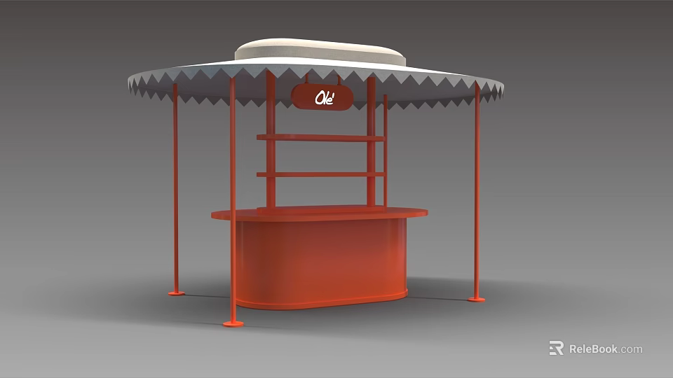 Red Outdoor Stall Structure With White Canopy Logo Shelves And Counter 3d model 