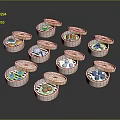 White Round Storage Containers with Open Lids and Various Foods Inside for Daily Use