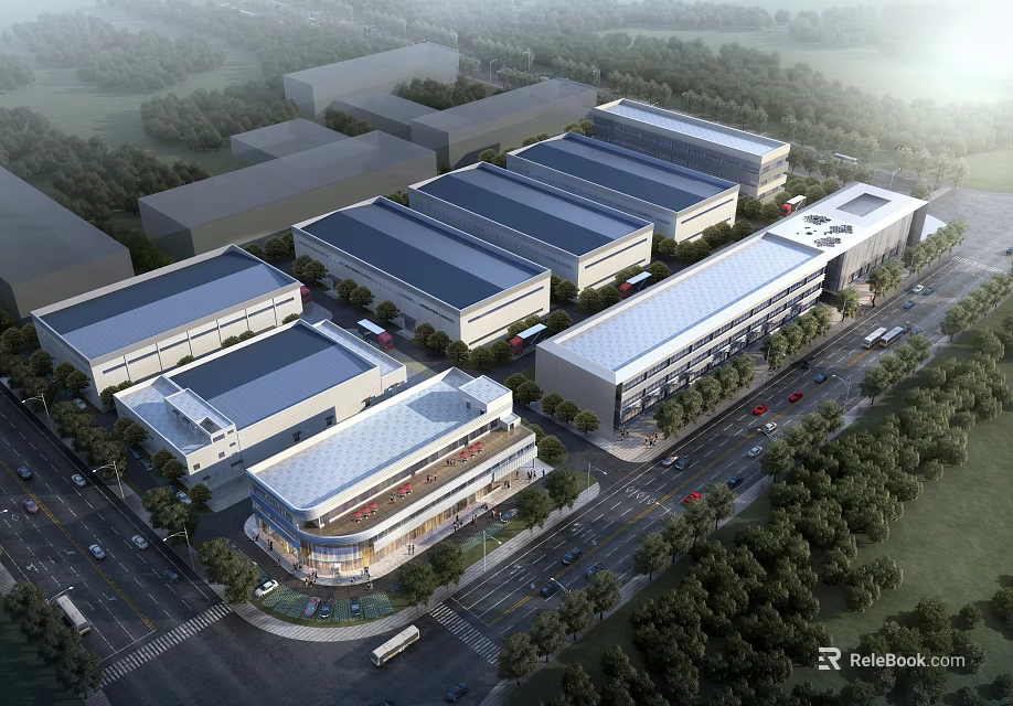 Modern Industrial Warehouse Park Featuring Multiple Buildings Greenery Trees And Roads 3d model 