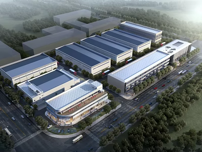 Modern Industrial Warehouse Park Featuring Multiple Buildings Greenery Trees And Roads 3d model