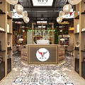 Stylish Restaurant Interior With Wooden Tables Leather Chairs Pendant Lights And Brick Walls