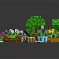 Pixel Style Natural Scene With Green Heart Trees Colorful Flowers Wooden Path And Flower Pots