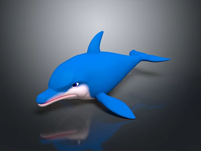 3D Rendered Blue Dolphin Character Toy With Shiny Surface And Reflective Base 3d model