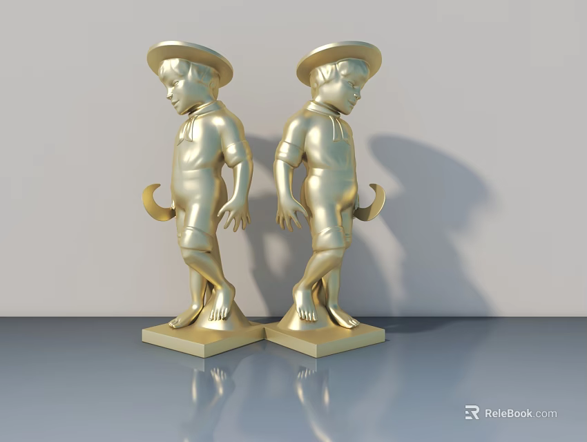 Two Golden Boy Statues Wearing Hats Holding Crescent Objects On Smooth Platform 3d model 