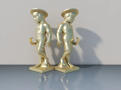 Two Golden Boy Statues Wearing Hats Holding Crescent Objects On Smooth Platform 3d model