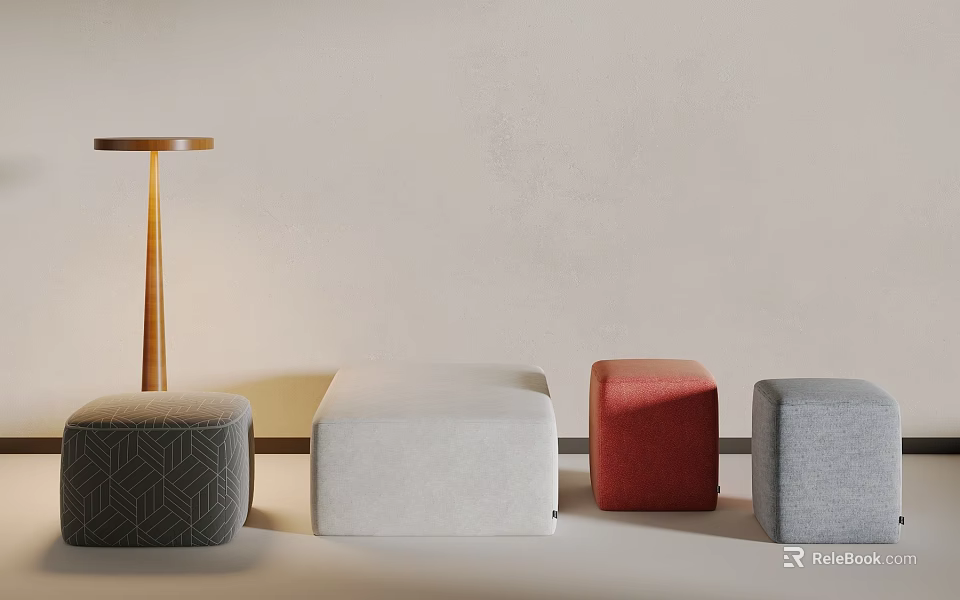 Modern Single Seater Sofas In White Red Gray With Geometric Pattern And Wooden Side Table 3d model