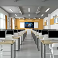 School Computer Classroom Setup With Student Desks Computers And Projection Screen 3d model