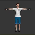 Man With Red Hair White T-Shirt Blue Shorts Arms Outstretched Against Gray Background Wearing Sneakers