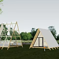 Triangular Glass Tent With Wooden Frame And Modern Design In Outdoor Grassland
