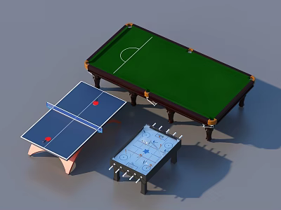 Indoor Sports Equipment Collection Featuring Green Pool Table Blue Table Tennis Table And Foosball Table 3d model