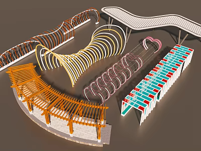 Diverse Modern Pergola Design With Curved Spiral Structures Wooden Frames and Colorful Panels 3d model