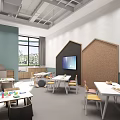 Bright Colorful Kindergarten Interior With Reception Desk Bookshelves And Decorative Lights
