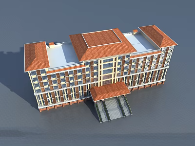 Classic Multi Story Office Building With Red Tile Roof Symmetric Window Design And Entrance Canopy 3d model