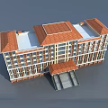 Classic Multi Story Office Building With Red Tile Roof Symmetric Window Design And Entrance Canopy