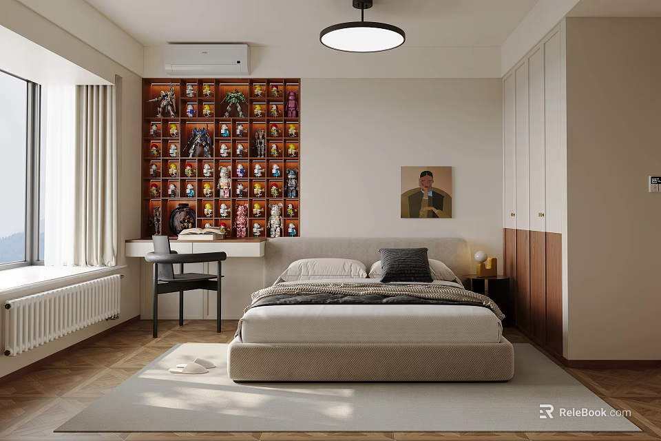 Modern Bedroom With Collectibles Wall Bed Desk Wardrobe Window Curtains And Wooden Floor Rug 3d model 