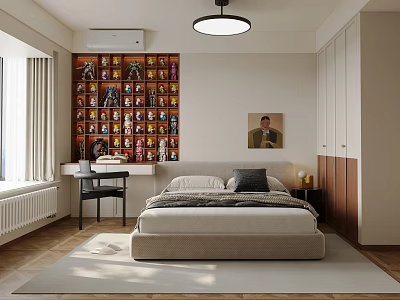 Modern Bedroom With Collectibles Wall Bed Desk Wardrobe Window Curtains And Wooden Floor Rug 3d model