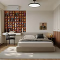 Modern Bedroom With Collectibles Wall Bed Desk Wardrobe Window Curtains And Wooden Floor Rug