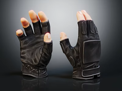 Two Black Textured Leather Fingerless Gloves With Protective Padding And Stylish Design 3d model