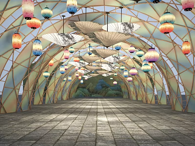New Chinese Style Corridor Lantern Oil Paper Umbrella Corridor National Wind Corridor National Tide Net Red Card Point Bamboo Corridor 3d model