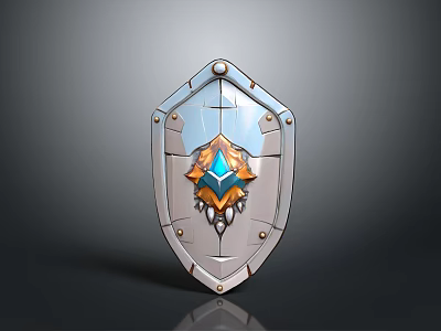 Ornate Metal Shield As Fantasy Weapon With Central Blue And Orange Gem And Rivets 3d model