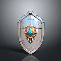 Ornate Metal Shield As Fantasy Weapon With Central Blue And Orange Gem And Rivets
