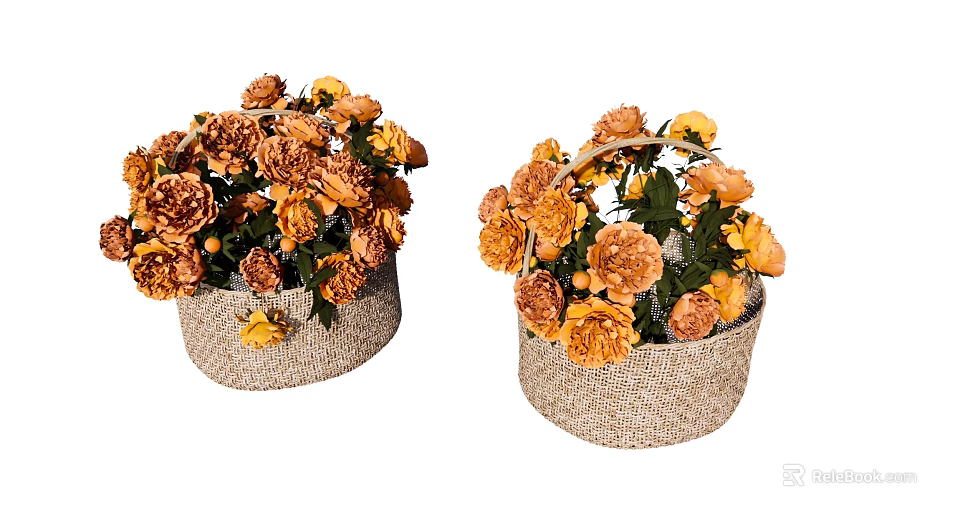 Beautiful Orange And Yellow Flowers In Wicker Baskets With Green Leaves 3d model 