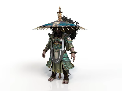 Mythical Warrior Figure with Ornate Green Gold Armor and Intricate Umbrella Canopy 3d model