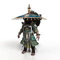 Mythical Warrior Figure with Ornate Green Gold Armor and Intricate Umbrella Canopy