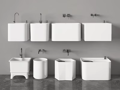 White Bathroom Fixtures Including Wall Mounted Washbasins And Freestanding Sinks 3d model