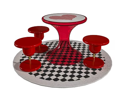 Red Round Table With Heart Pattern And Red Chairs On Black And White Checkered Mat 3d model