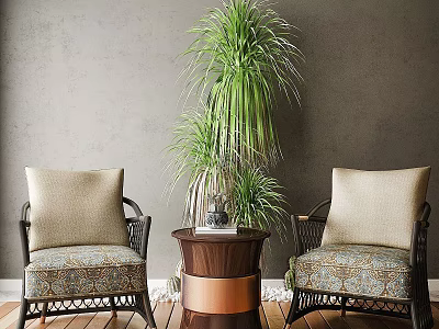 Cozy Lounge Area With Wicker Chairs Patterned Cushions Brown Cylindrical Table And Tall Green Plant 3d model