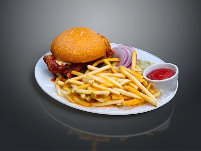 Delicious Homemade Burger Served With Crispy Fries Onion Rings And Ketchup 3d model