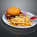 Delicious Homemade Burger Served With Crispy Fries Onion Rings And Ketchup