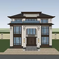 Two Story Traditional Chinese Style Single Family Villa With Large Glass Windows And Dark Roof