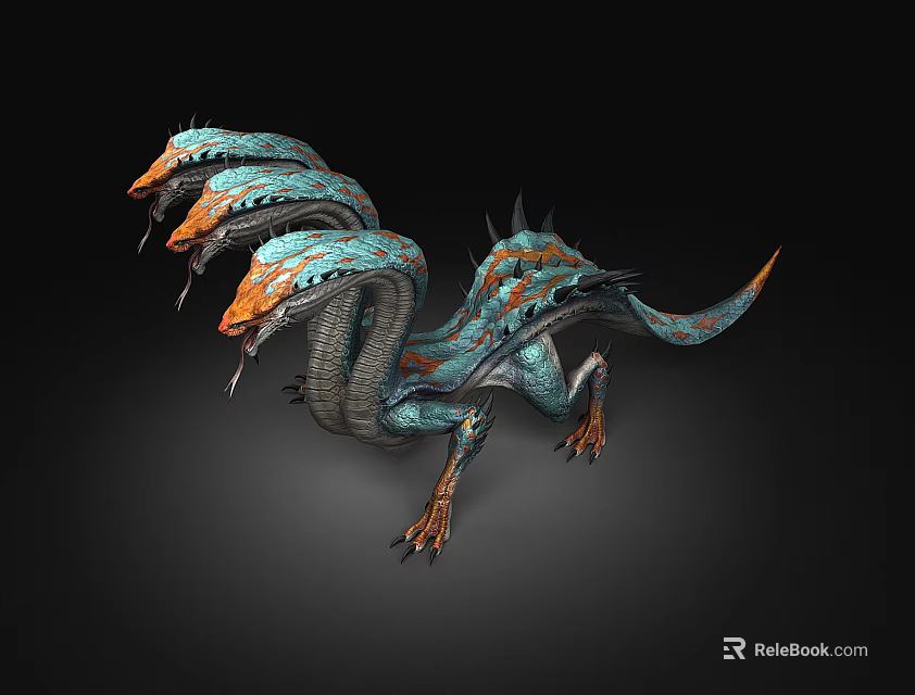 Mythical Multi Headed Reptile With Blue Green Orange Scales Spikes Claws And 3D Rendering 3d model 
