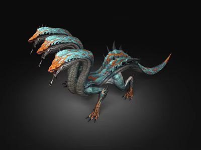 Mythical Multi Headed Reptile With Blue Green Orange Scales Spikes Claws And 3D Rendering 3d model