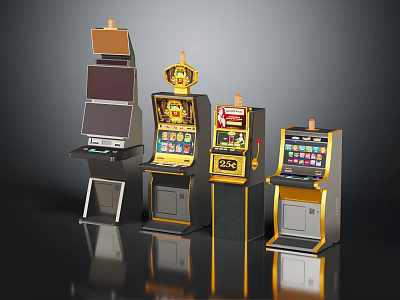 Various Casino Slot Gaming Machines With Golden Accents And Digital Screens Design 3d model