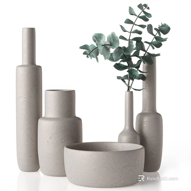 Gray Ceramic Vessels With Crackled Texture And Green Eucalyptus Branch Decorative 3d model