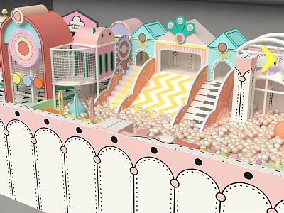 Playground Featuring Colorful Buildings Striped Slides Ball Pit And Arched Pink Fences 3d model