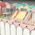 Playground Featuring Colorful Buildings Striped Slides Ball Pit And Arched Pink Fences