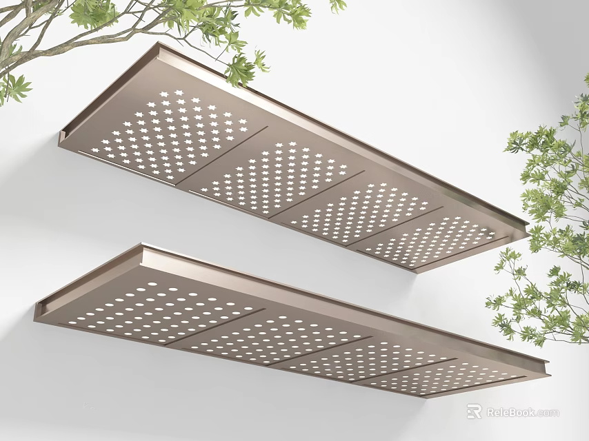 Two Metal Perforated Sunshades Mounted On White Wall With Green Plants 3d model 